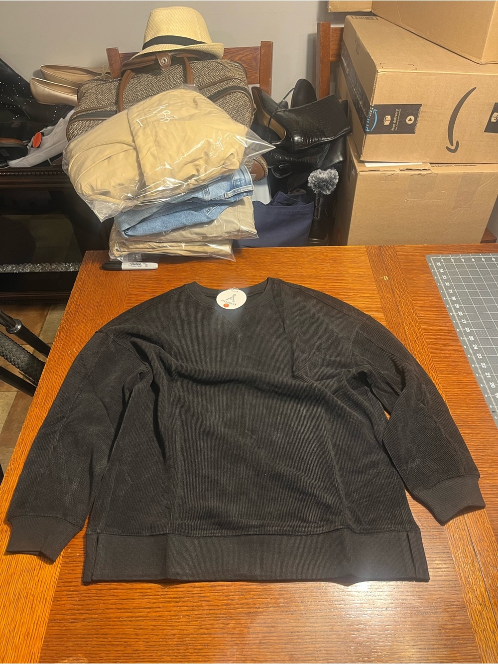 Anrabess Woman’s oversized Black Crewneck Sweater - Classic Everyday Pullover